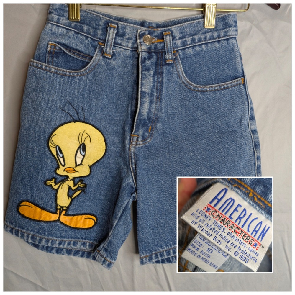 Vtg 90s Looney‎ Tunes Tweety Character Shorts Denim Youth 10 High Waisted